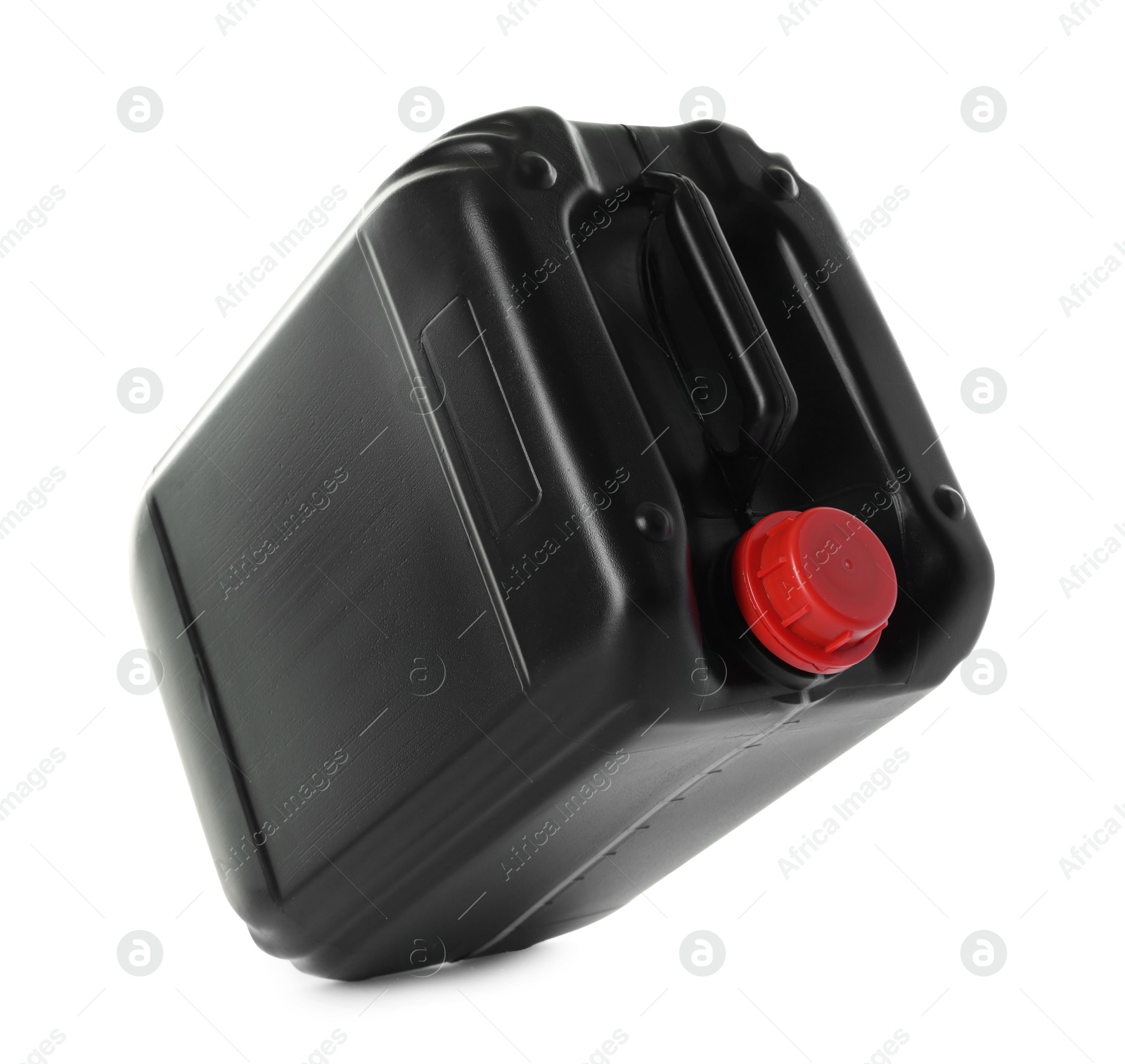 Photo of One black plastic canister in air on white background