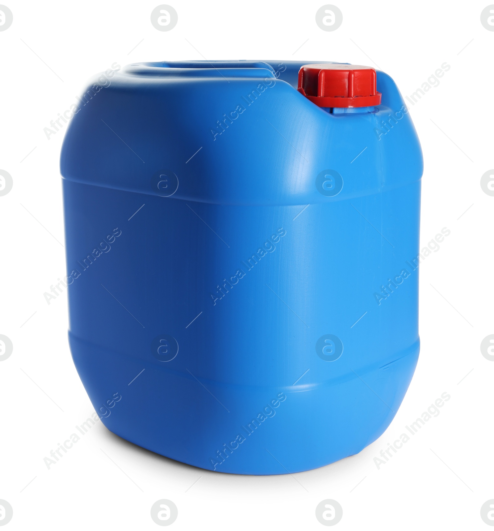 Photo of One blue plastic canister on white background