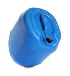 Photo of One blue plastic canister in air on white background