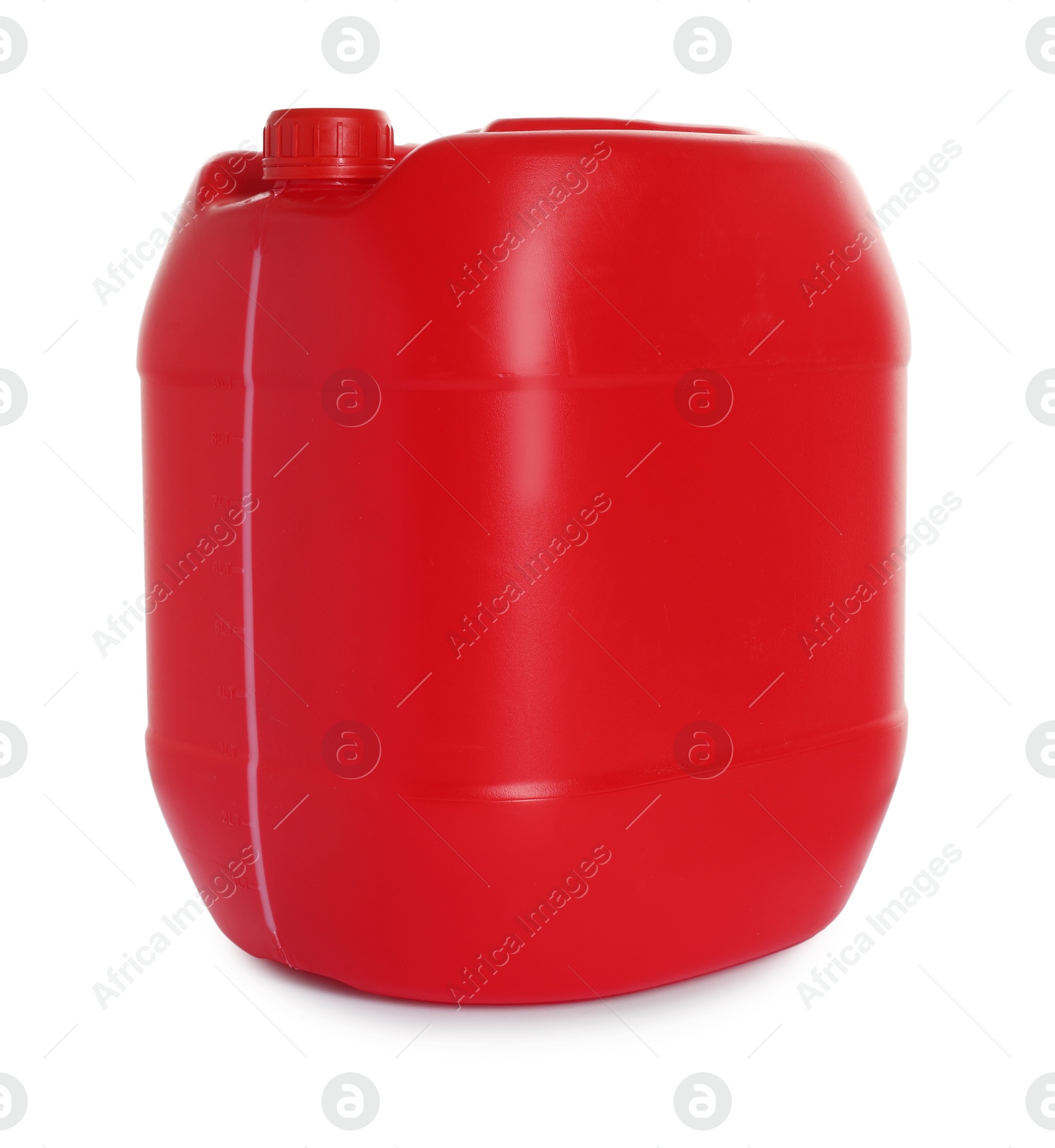 Photo of One red plastic canister on white background