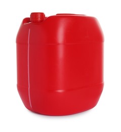 Photo of One red plastic canister on white background