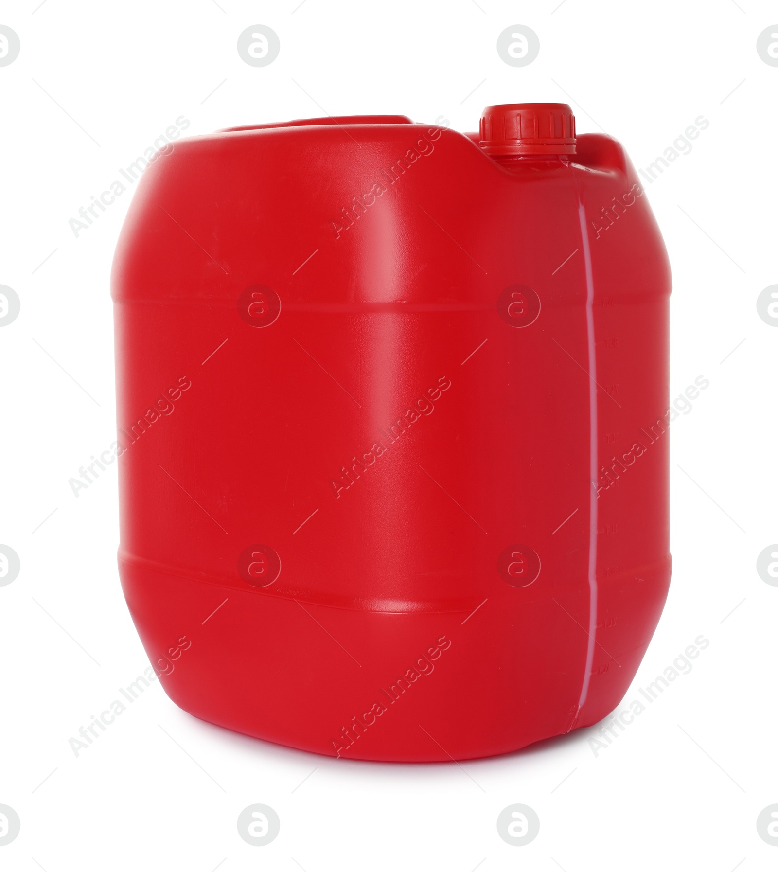 Photo of One red plastic canister on white background