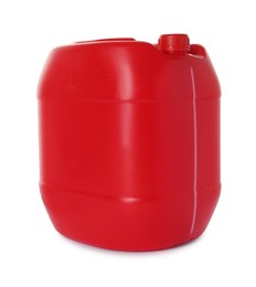 Photo of One red plastic canister on white background