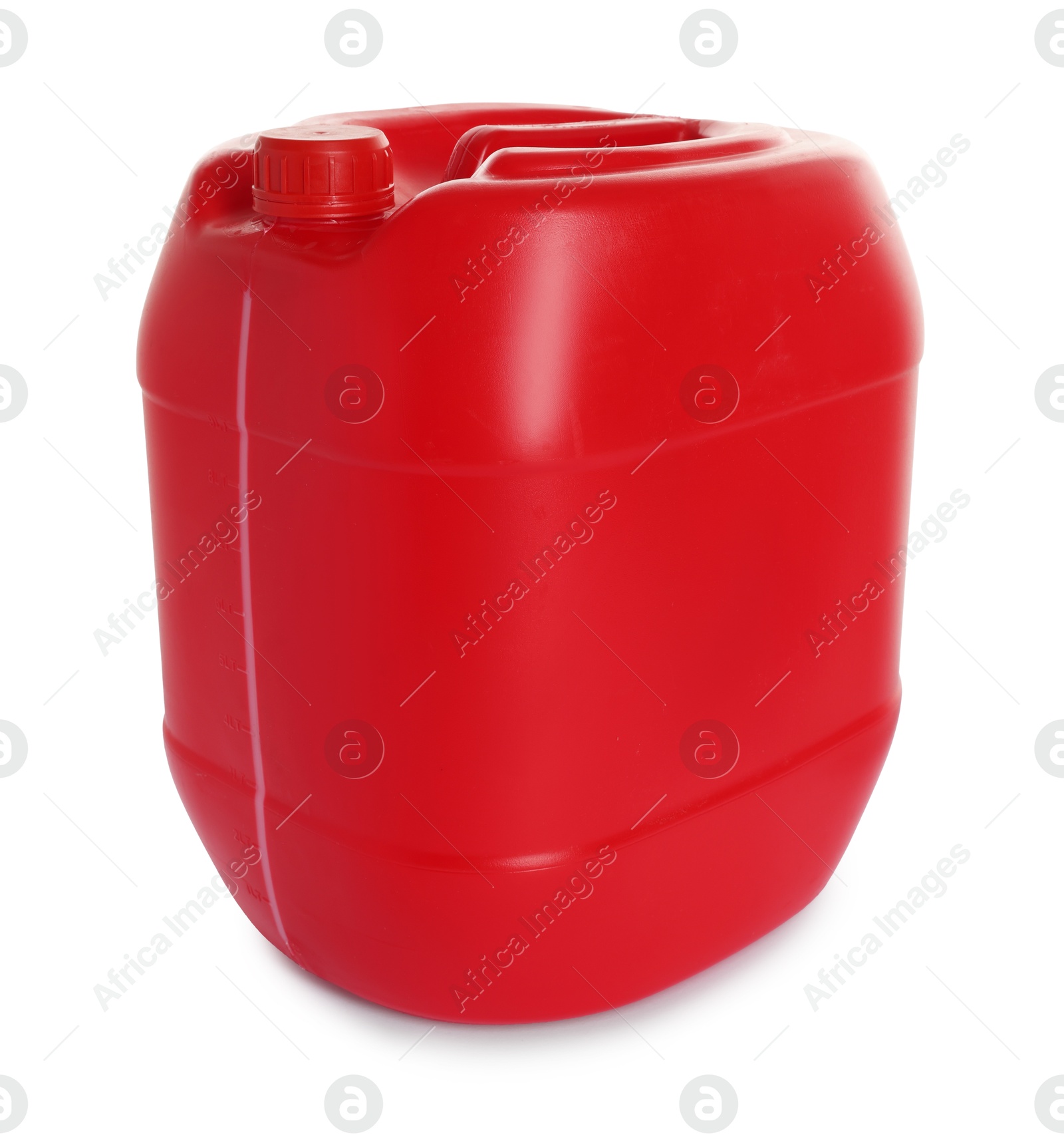 Photo of One red plastic canister on white background