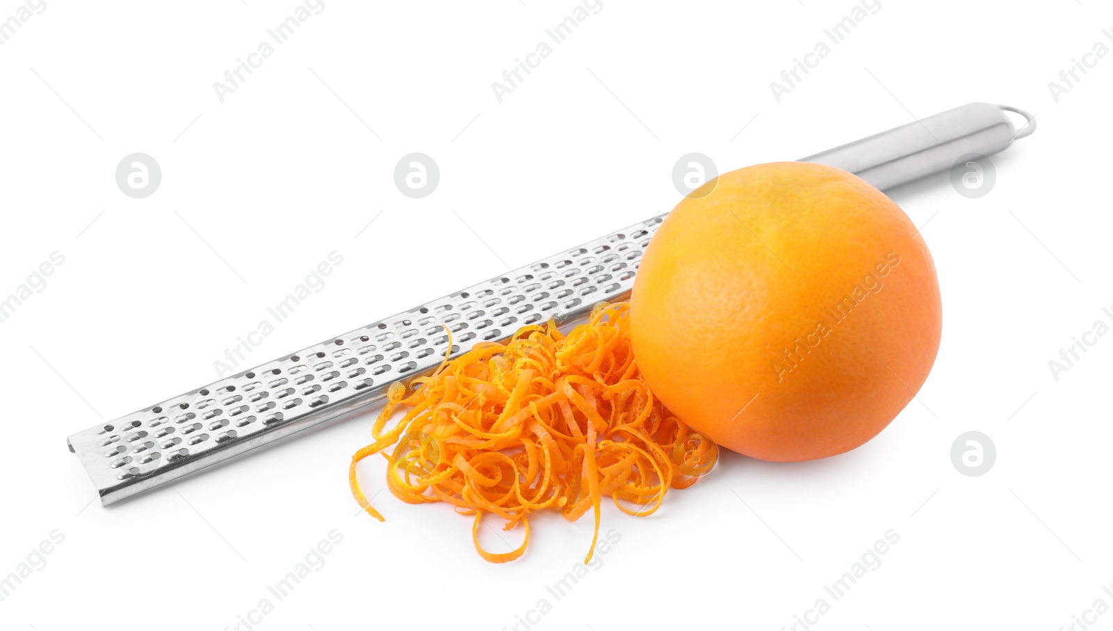 Photo of Pile of fresh orange zest, fruit and grater isolated on white