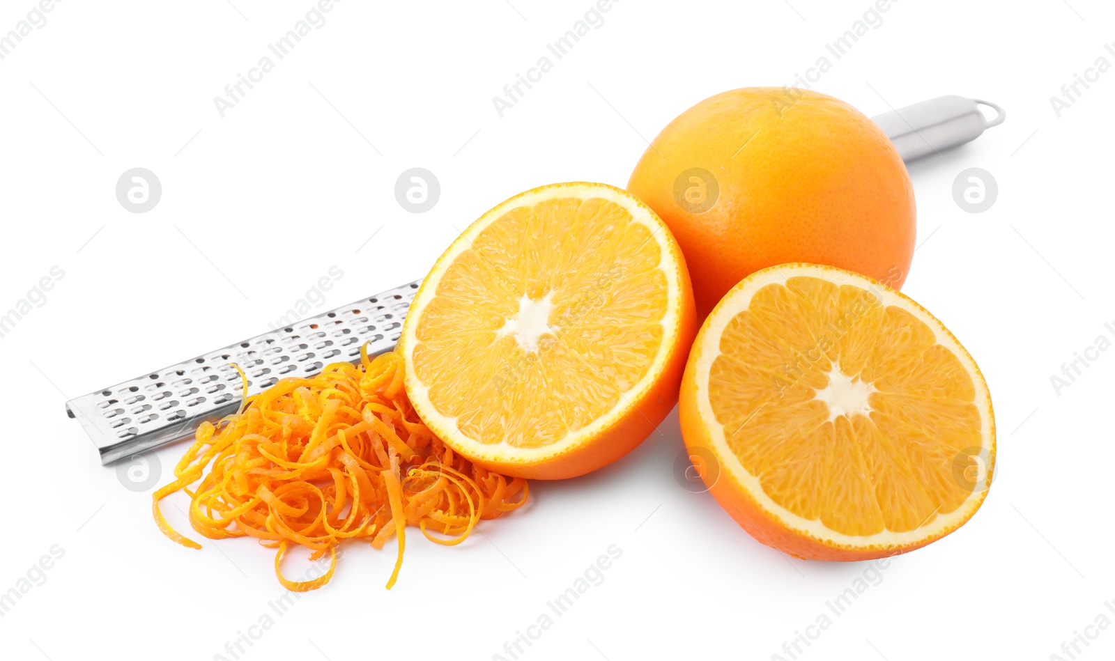 Photo of Pile of fresh orange zest, fruits and grater isolated on white