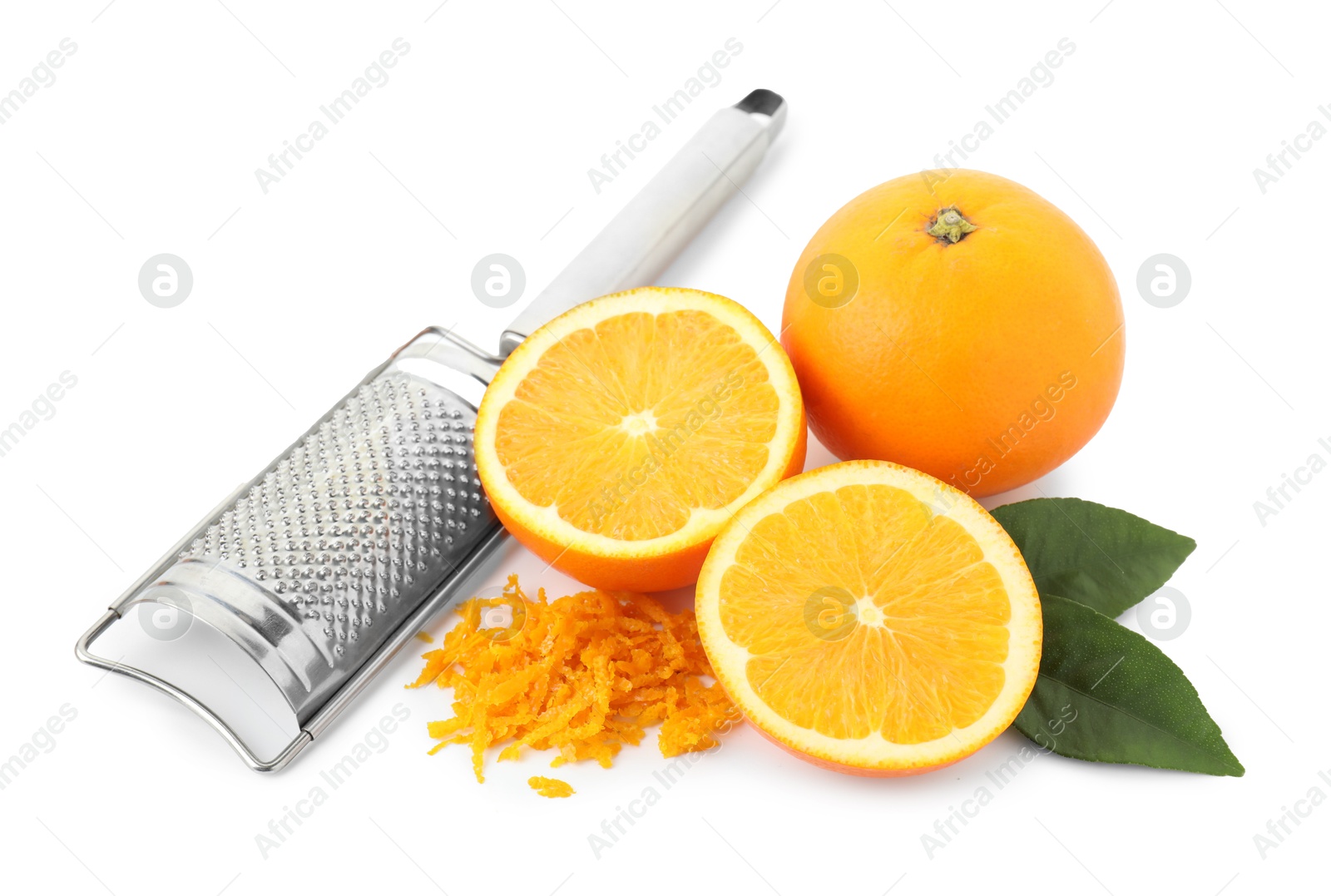 Photo of Pile of fresh orange zest, fruits, grater and leaves isolated on white