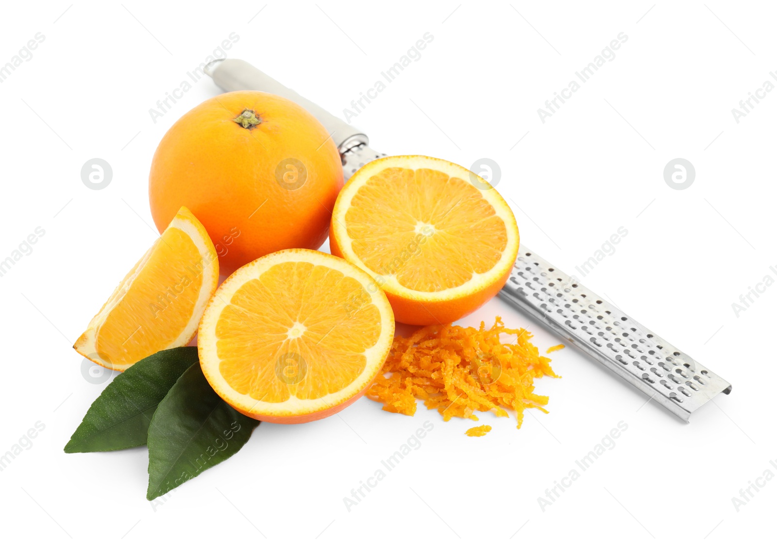 Photo of Pile of fresh orange zest, fruits, grater and leaves isolated on white