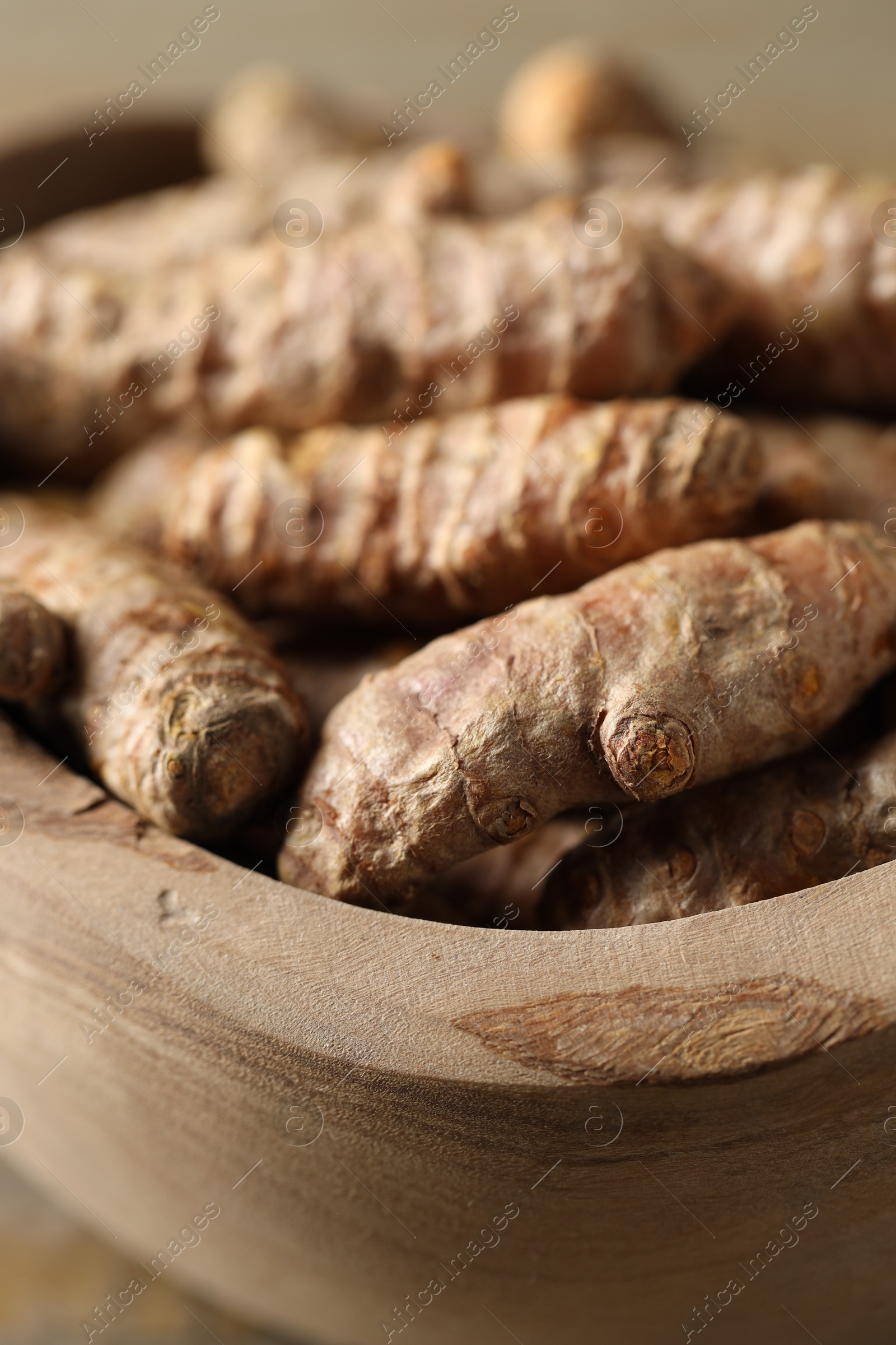 Raw turmeric roots in wooden bowl, closeup Photo of Raw turmeric roots in wooden bowl, closeup