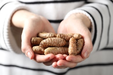 Photo of Woman holding raw turmeric roots, closeup view