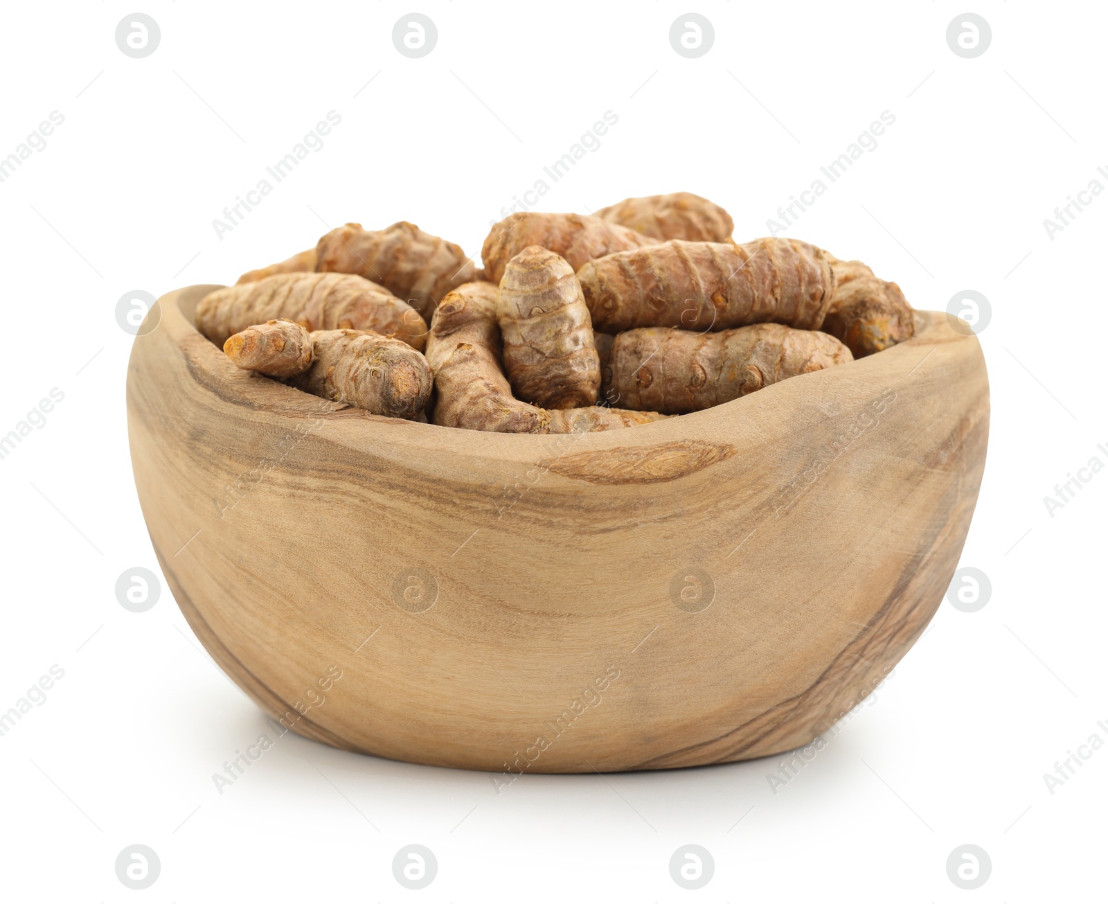 Photo of Raw turmeric roots in bowl isolated on white