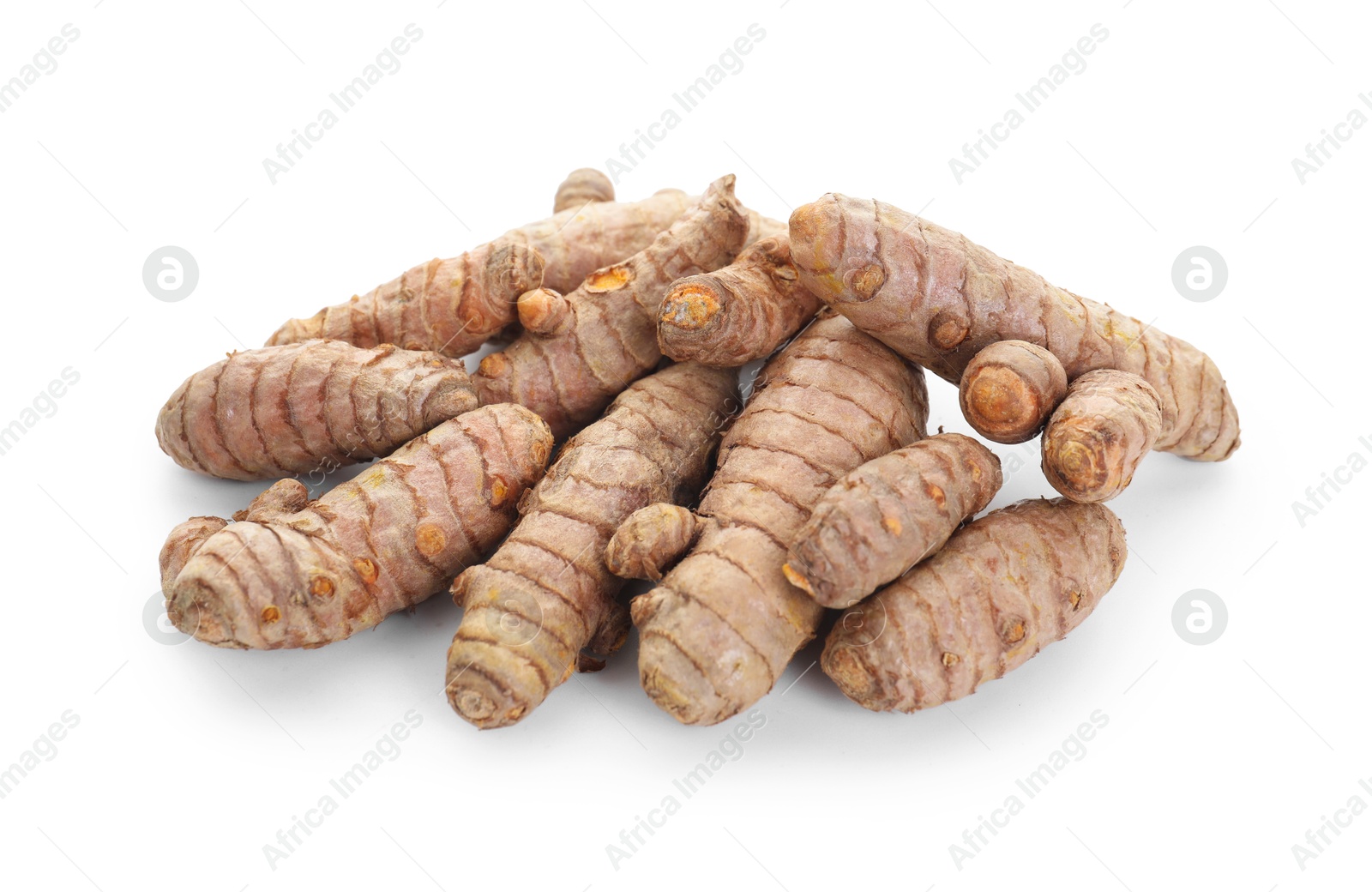 Photo of Pile of raw turmeric roots isolated on white