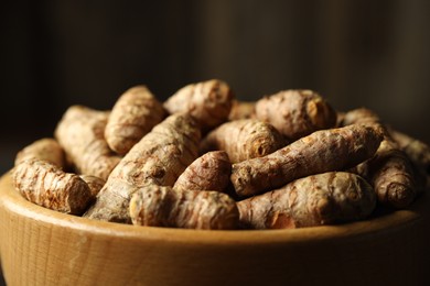 Photo of Tumeric rhizomes in bowl on dark background, closeup