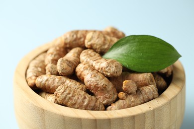 Photo of Tumeric rhizomes with leaf in bowl on light blue background, closeup