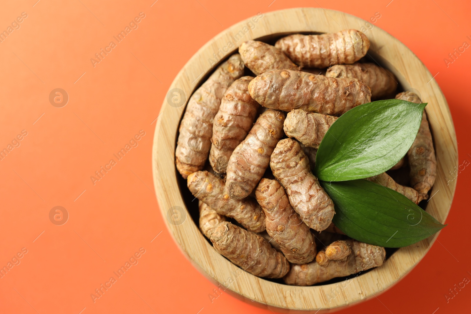 Photo of Tumeric rhizomes with leaves in bowl on orange background, top view. Space for text