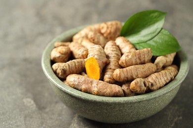 Photo of Tumeric rhizomes with leaves in bowl on grey table, closeup