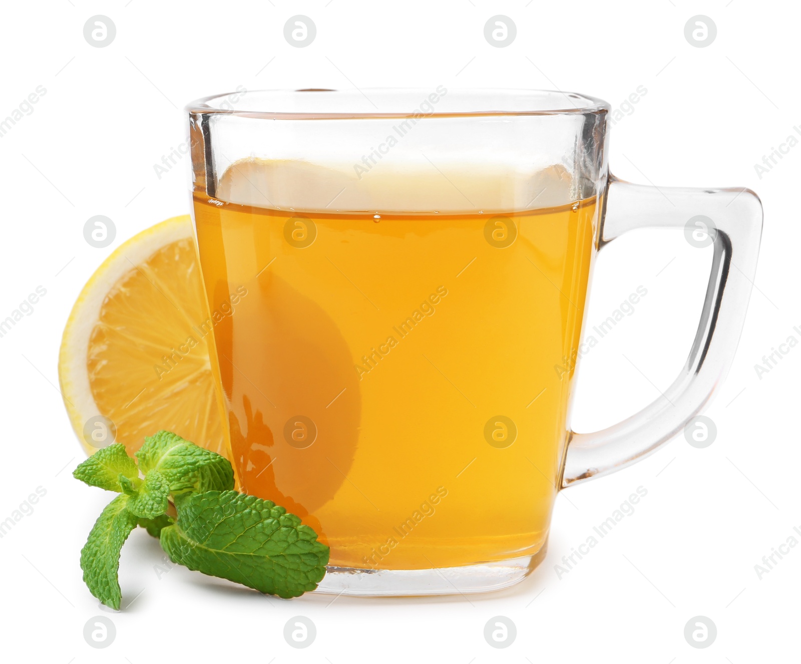 Photo of Aromatic mint tea with lemon, fresh and dried leaves isolated on white