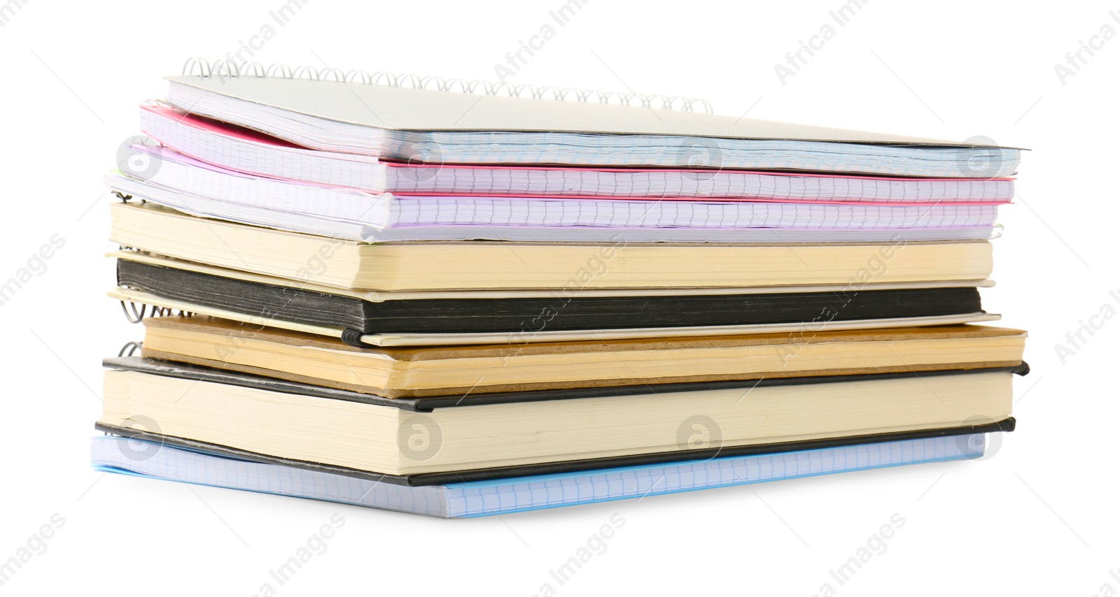 Photo of Stack of different notebooks isolated on white