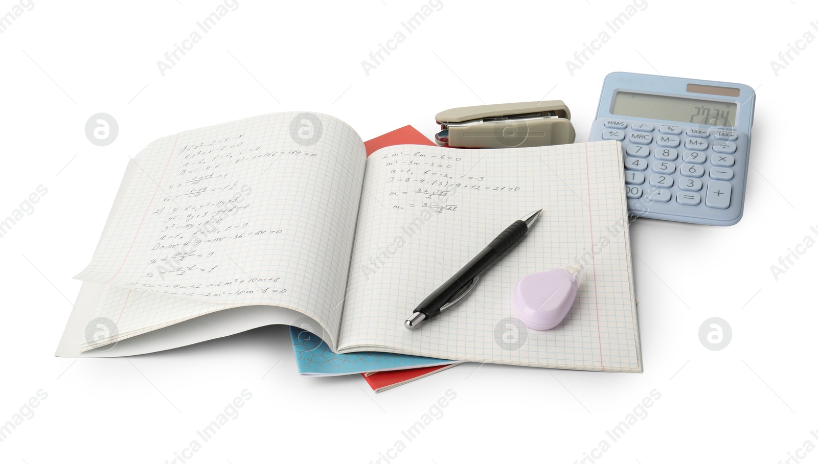 Photo of Doing homework. Notebook with math assignment and stationery on white background