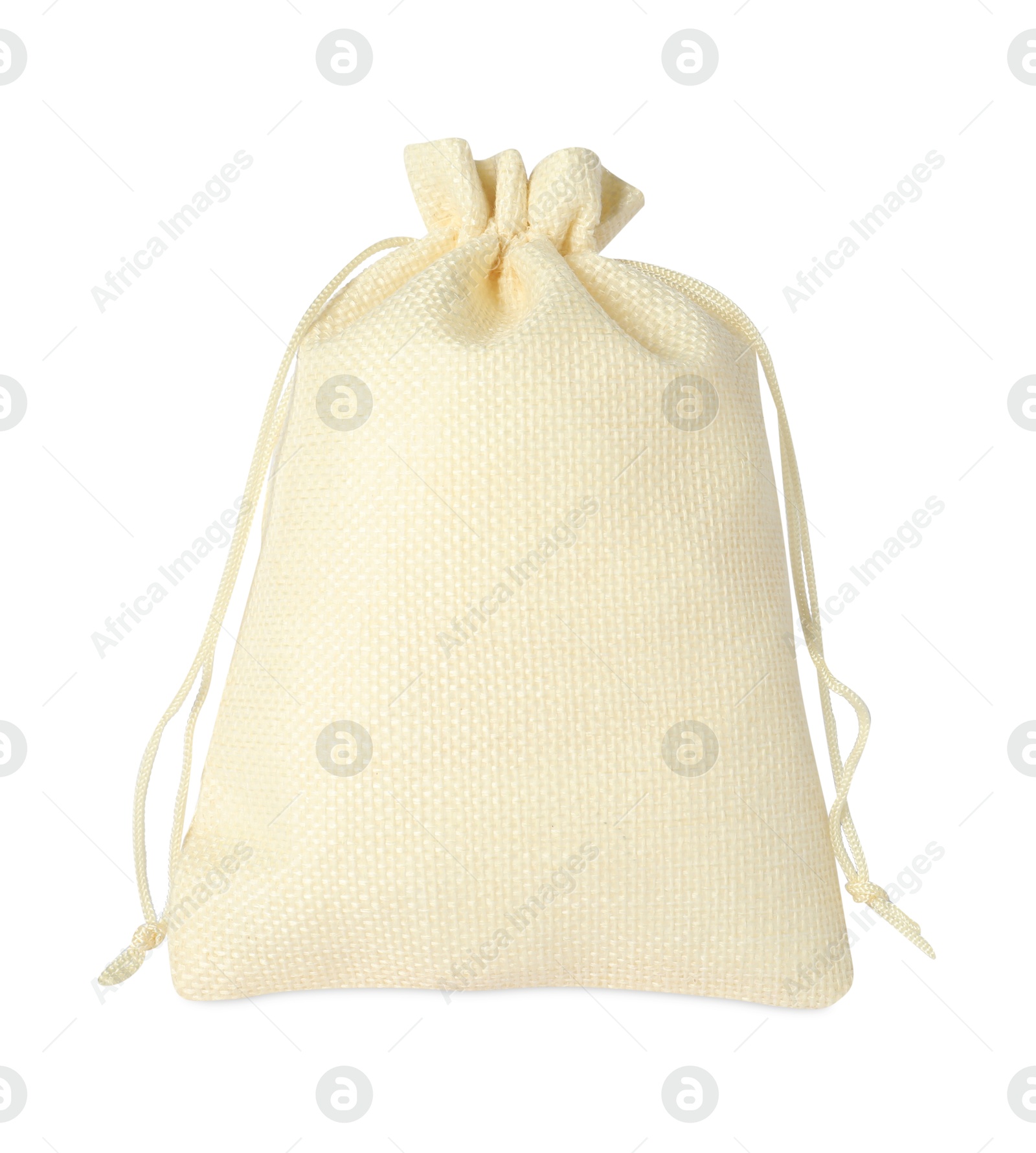 Photo of One beige burlap sack isolated on white