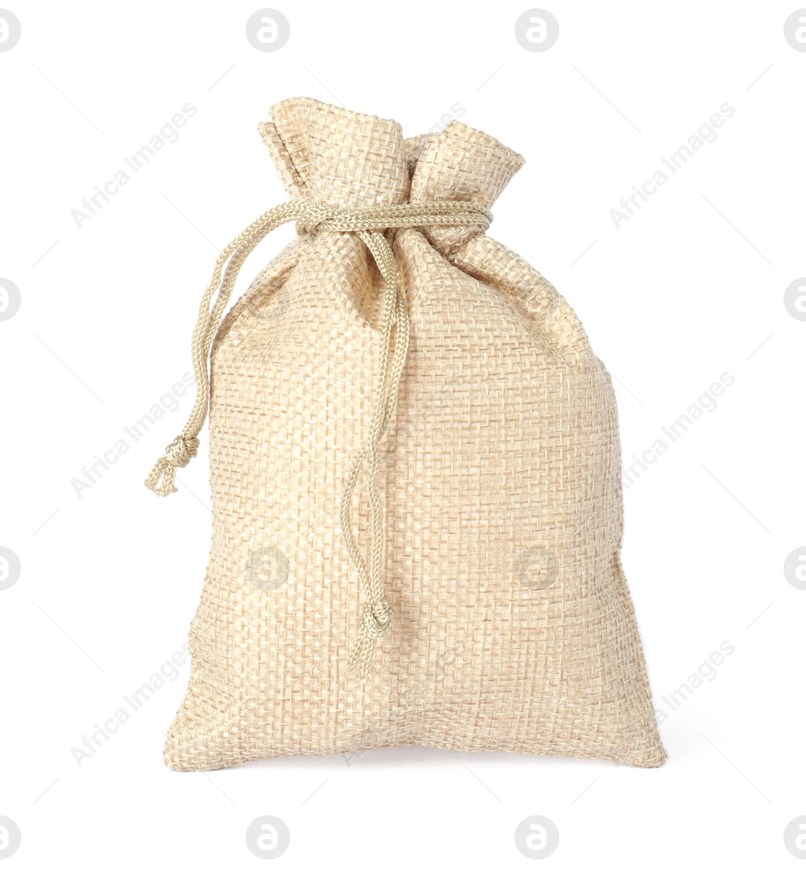 Photo of One beige burlap sack isolated on white