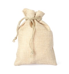 Photo of One beige burlap sack isolated on white