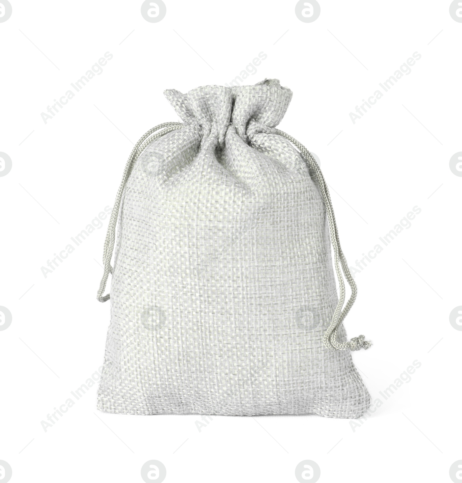 Photo of One grey burlap sack isolated on white