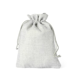 Photo of One grey burlap sack isolated on white