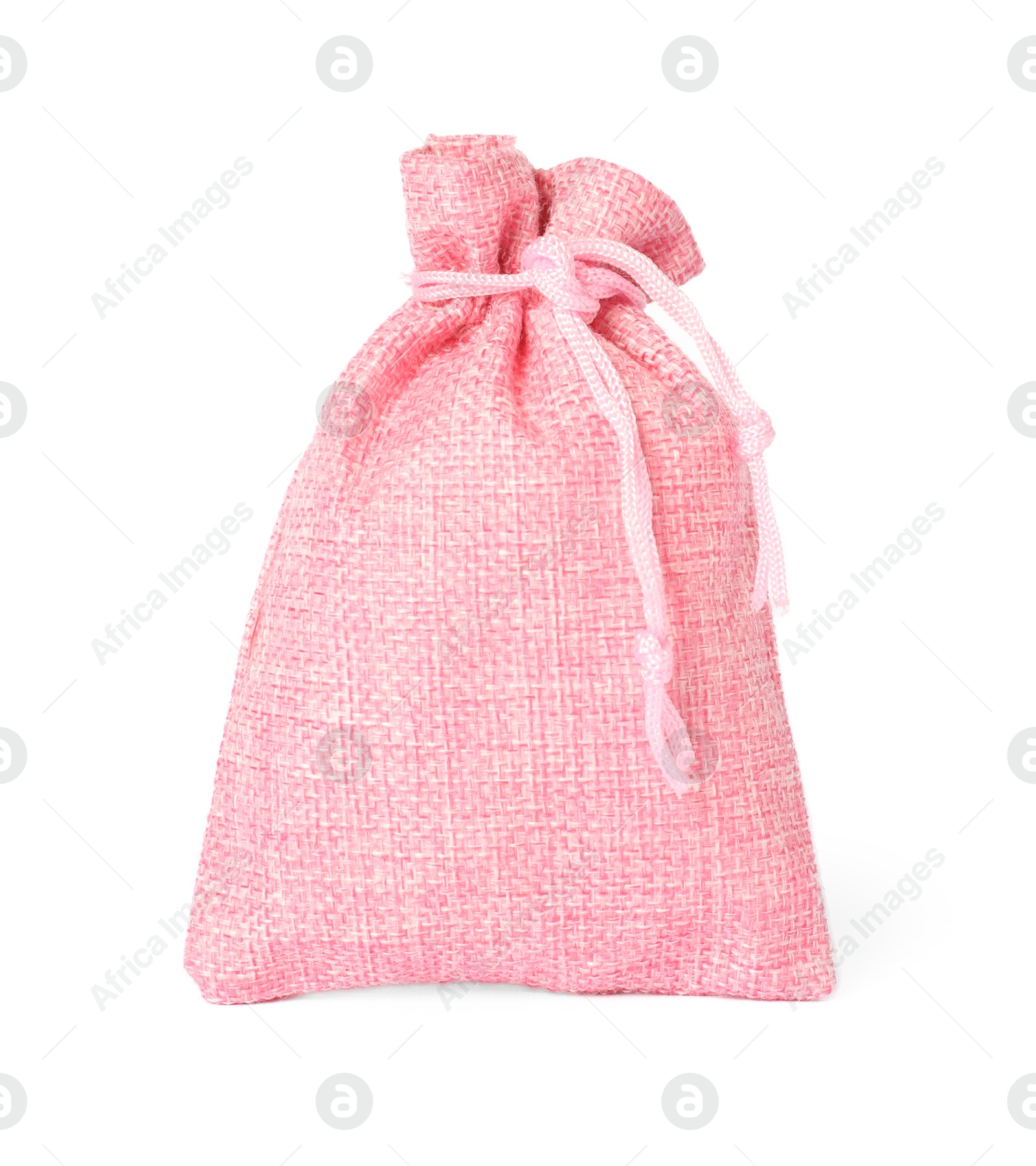 Photo of One pink burlap sack isolated on white