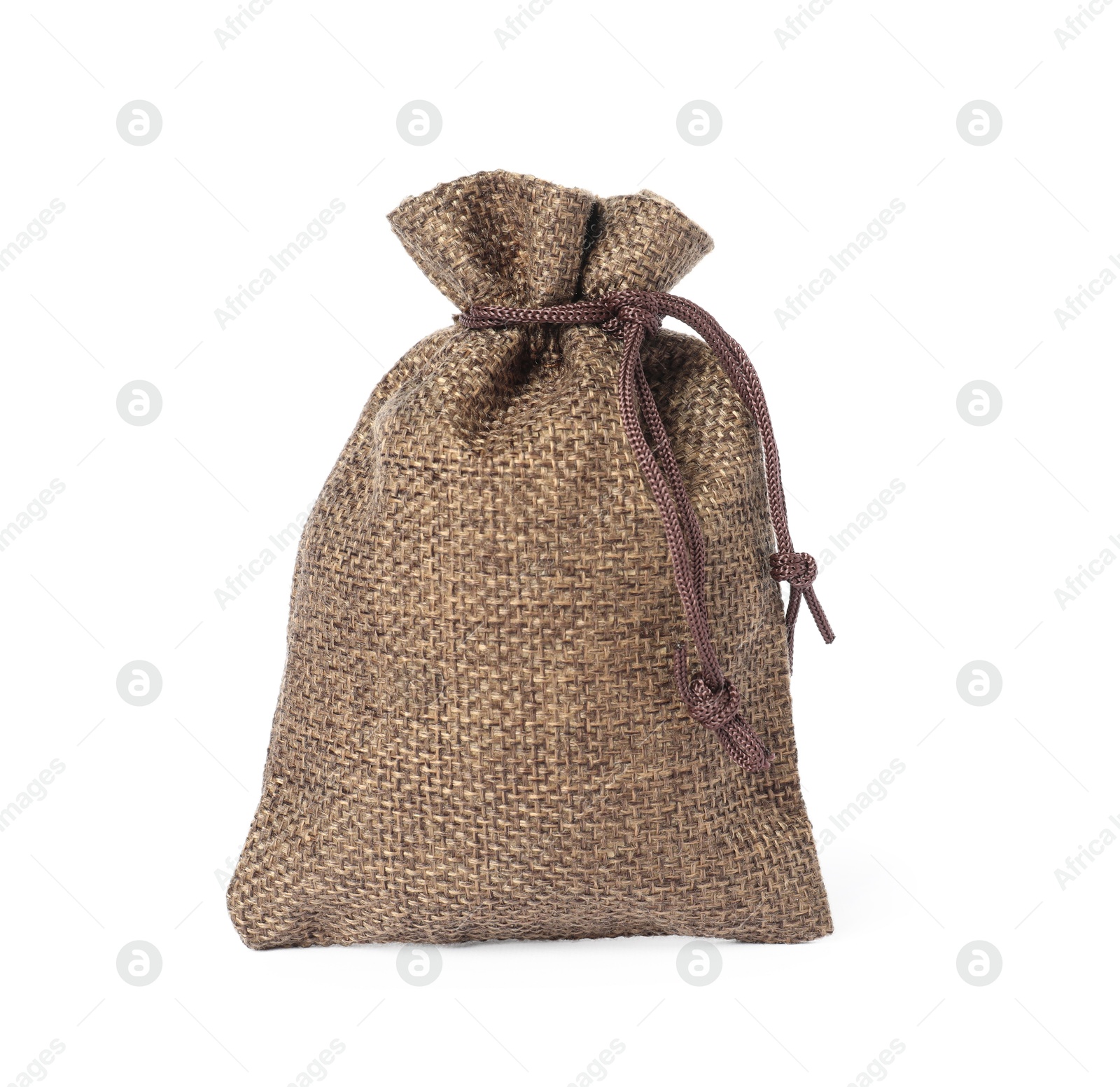 Photo of One brown burlap sack isolated on white