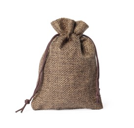 Photo of One brown burlap sack isolated on white