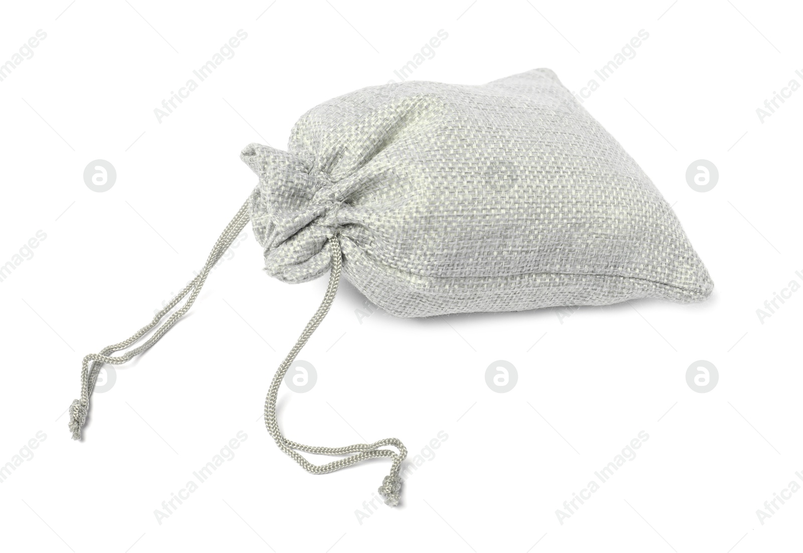 Photo of One grey burlap sack isolated on white