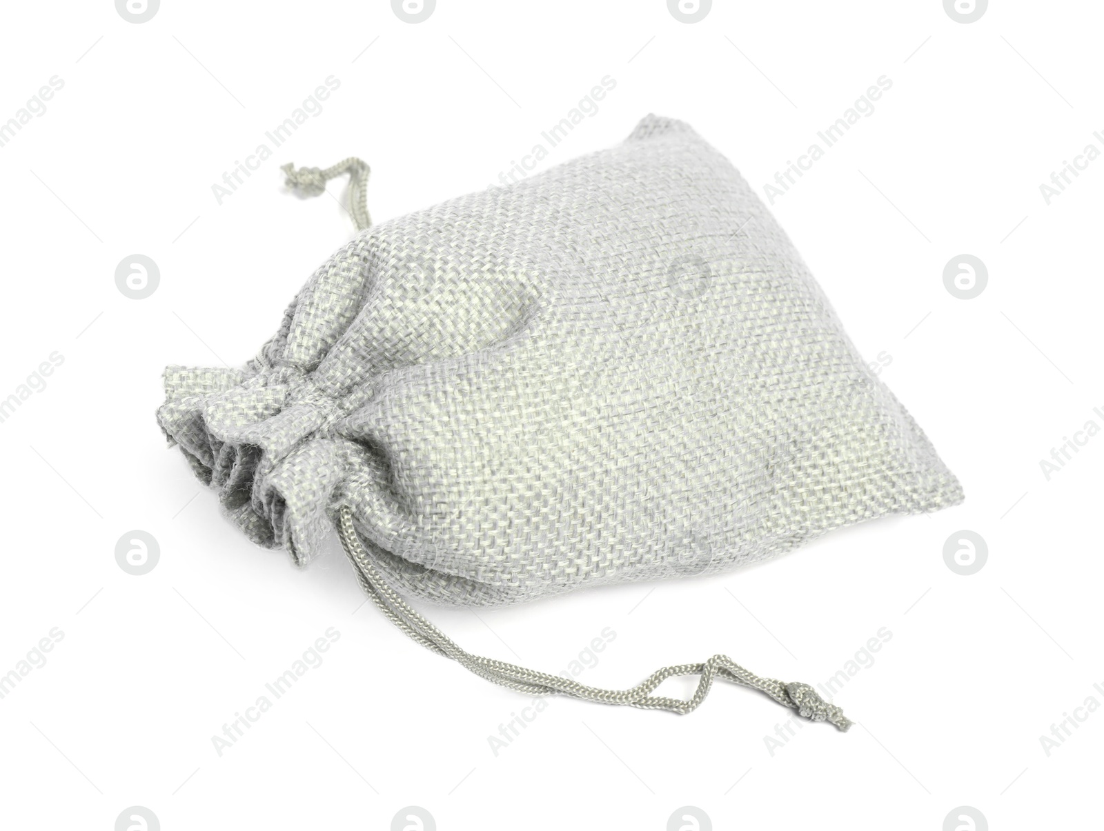 Photo of One grey burlap sack isolated on white