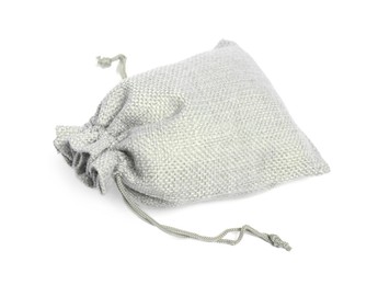 Photo of One grey burlap sack isolated on white