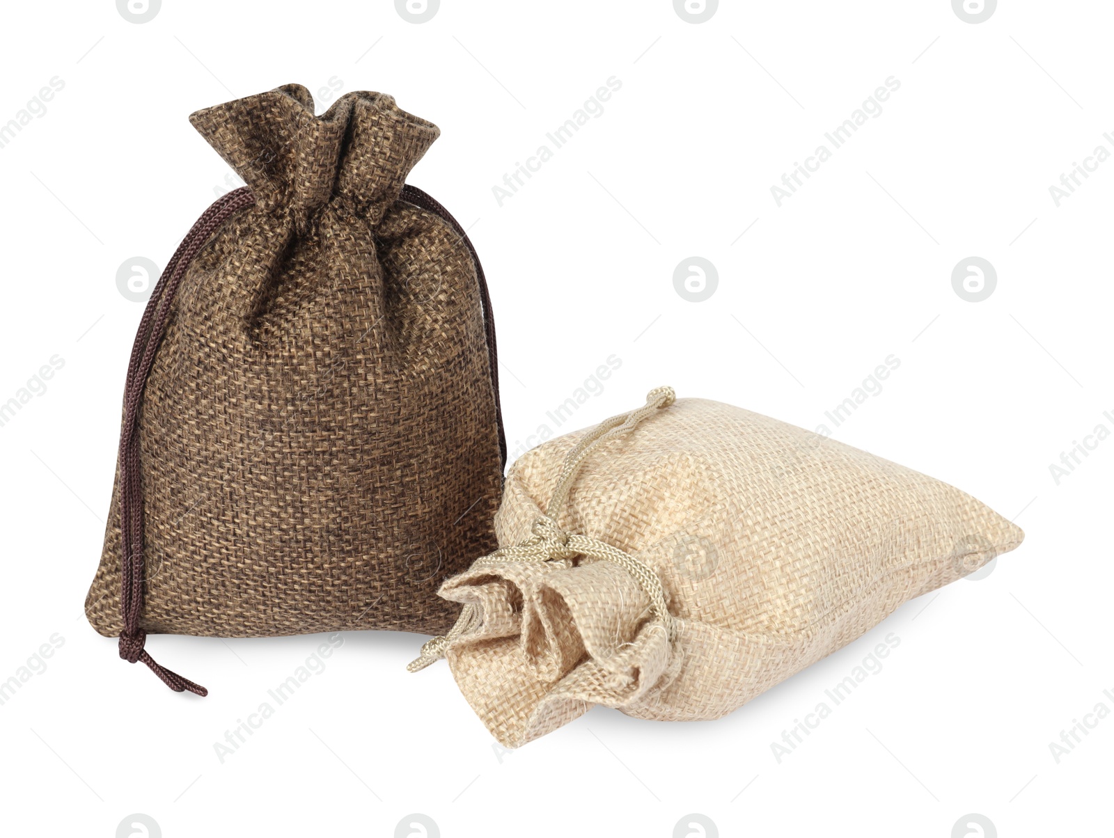 Photo of Two small burlap sacks isolated on white