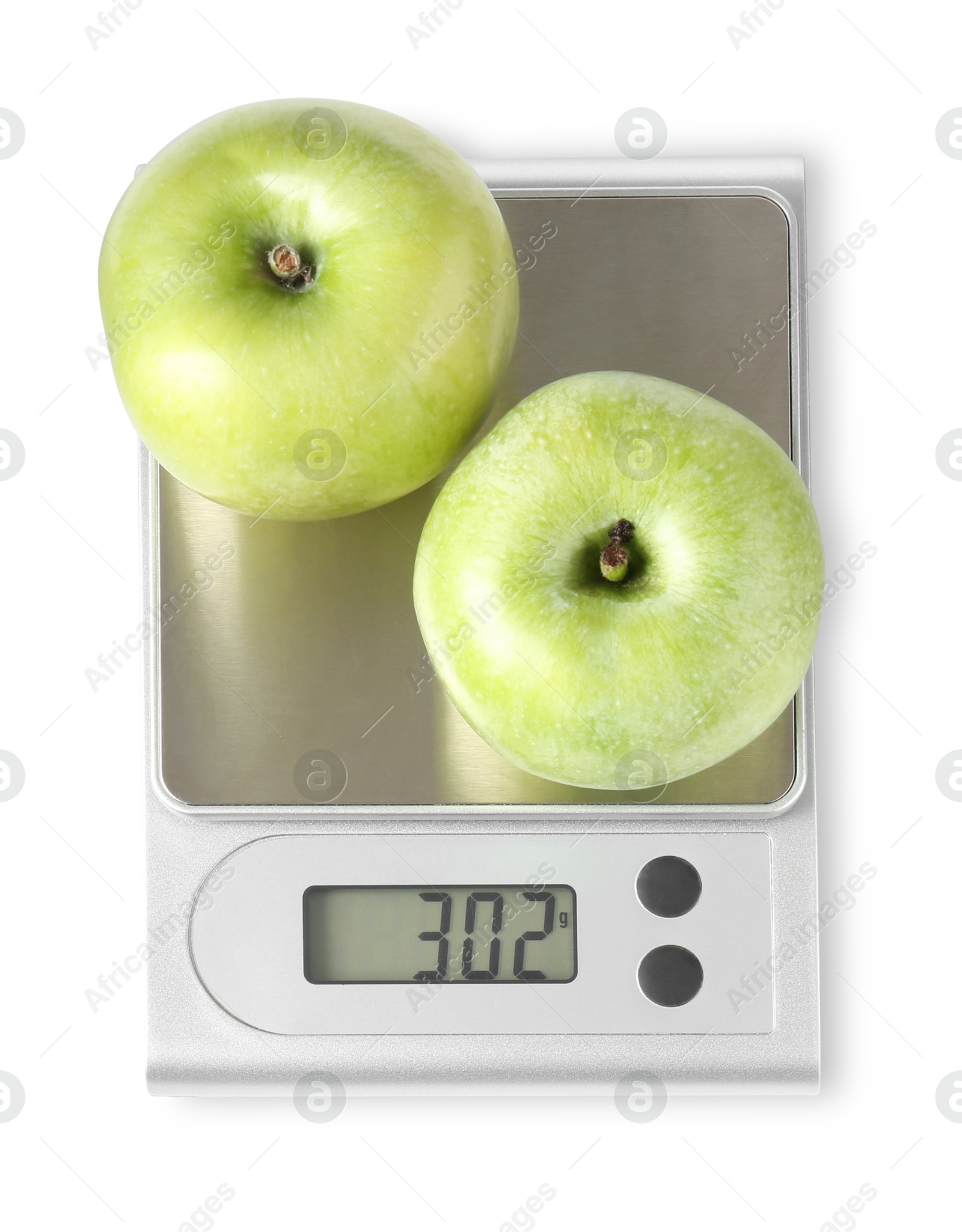 Photo of Electronic kitchen scale with apples isolated on white, top view