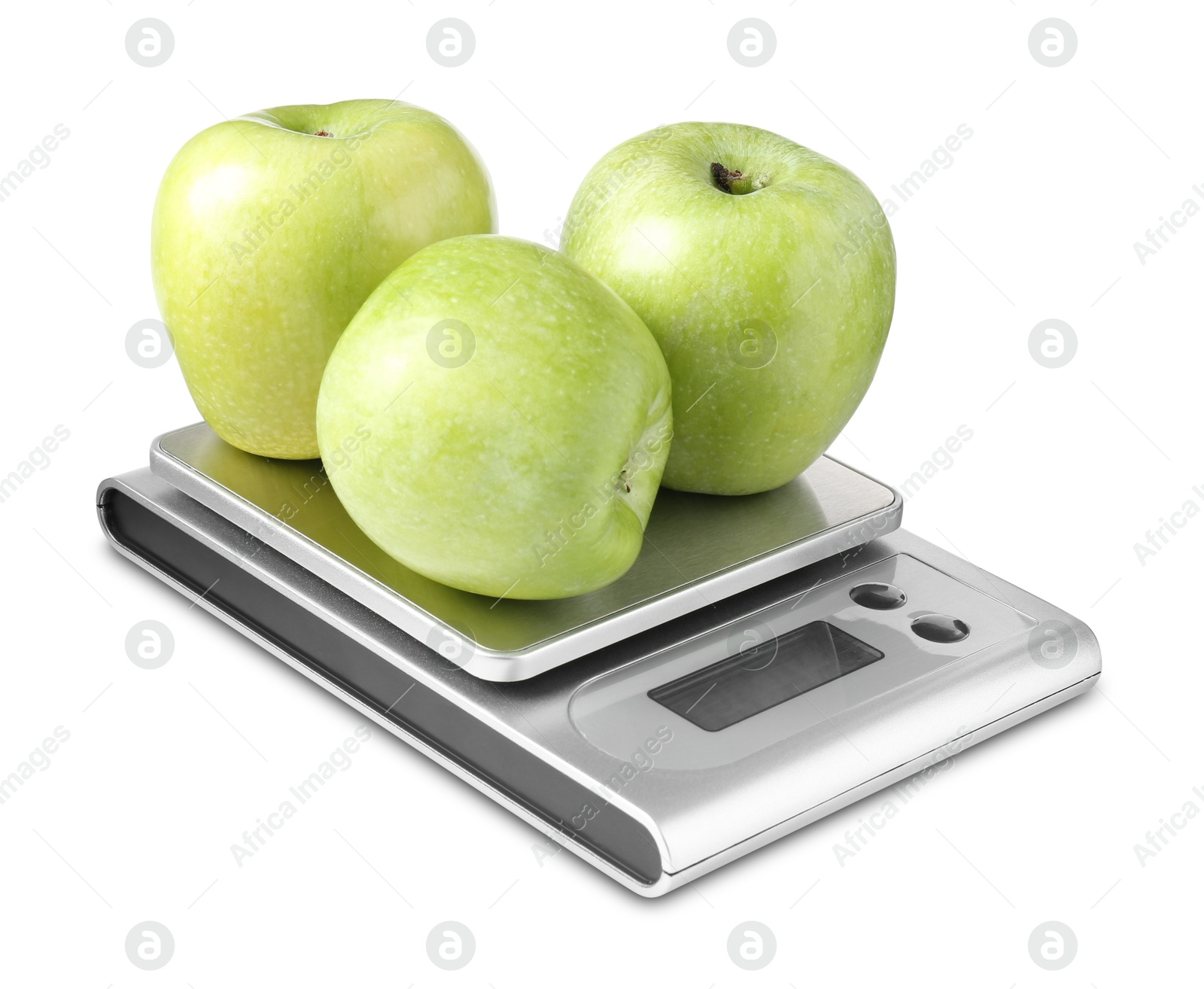 Photo of Electronic kitchen scale with apples isolated on white