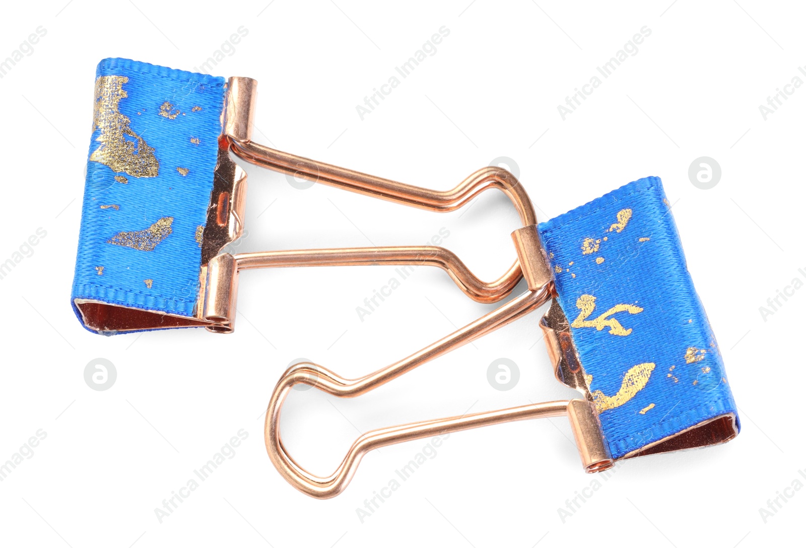 Photo of Two colorful binder clips isolated on white, above view