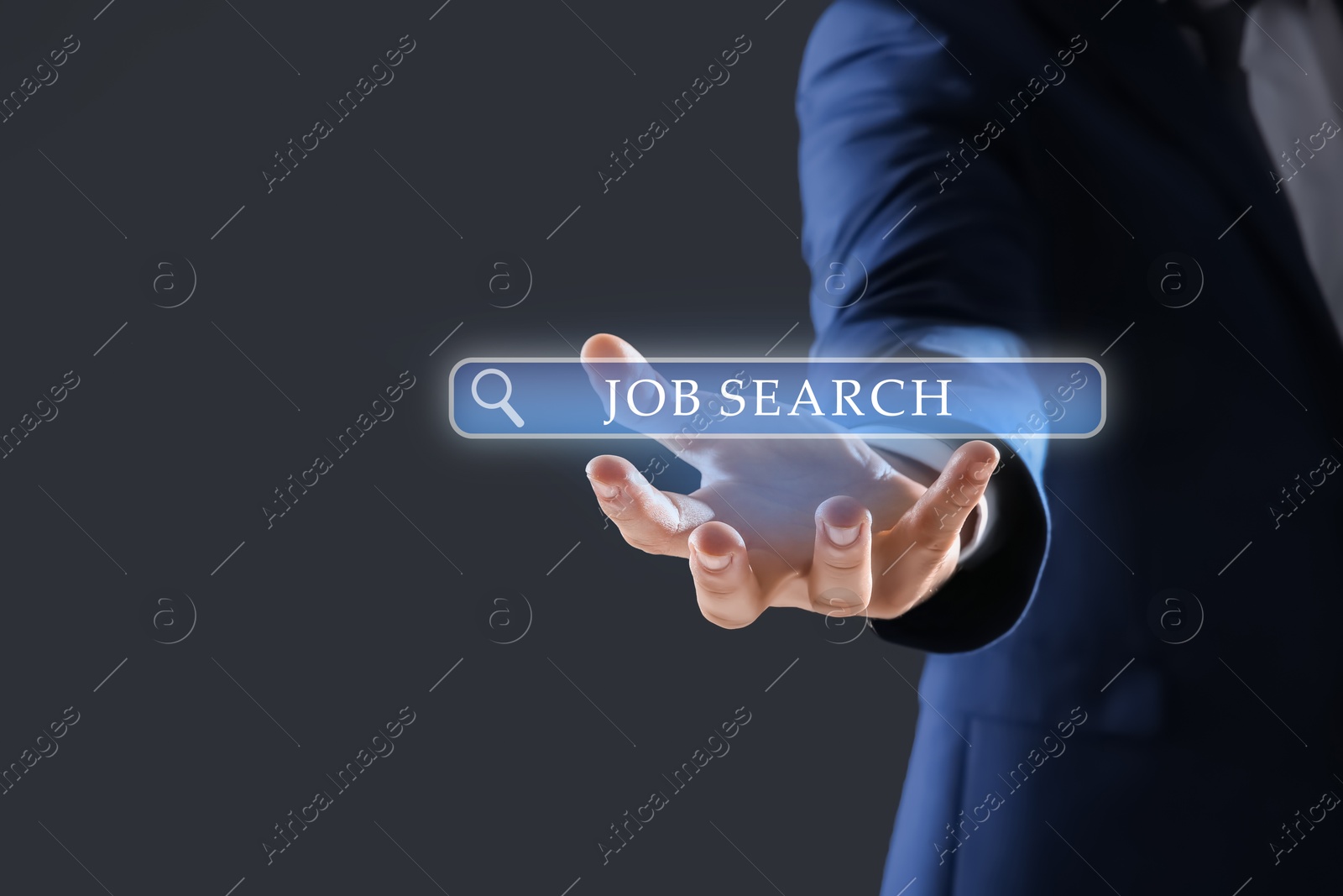 Image of Job search. Businessman holding virtual search bar on grey background, closeup