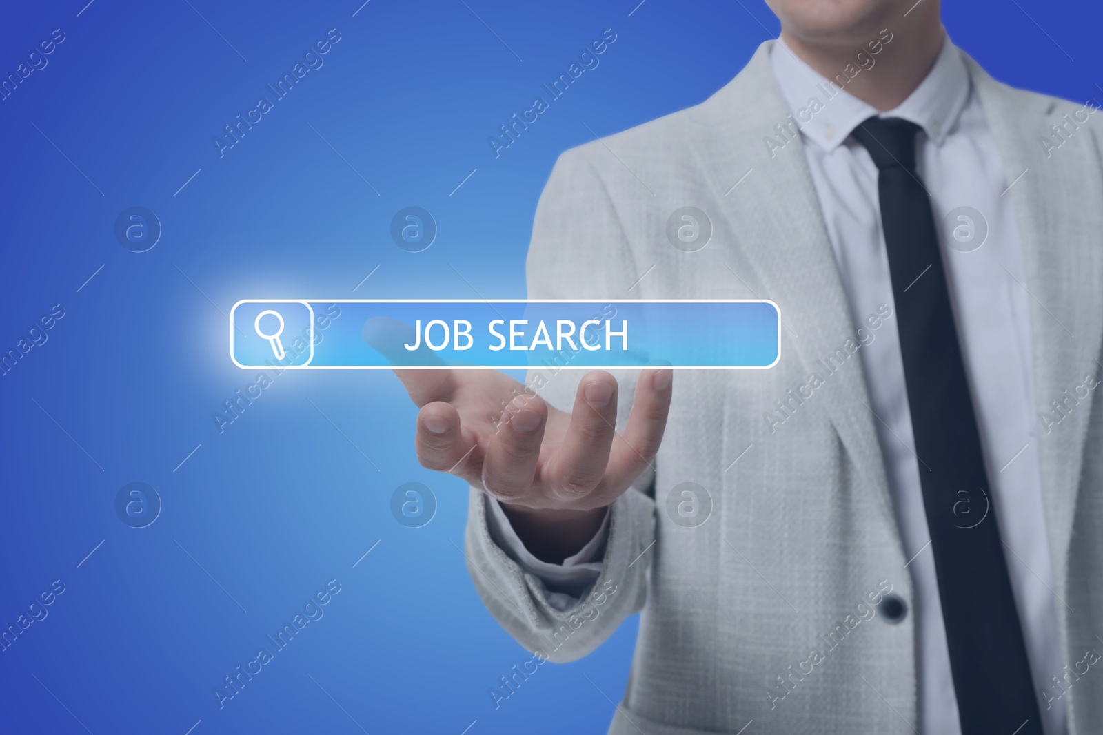 Image of Job search. Businessman holding virtual search bar on blue background, closeup