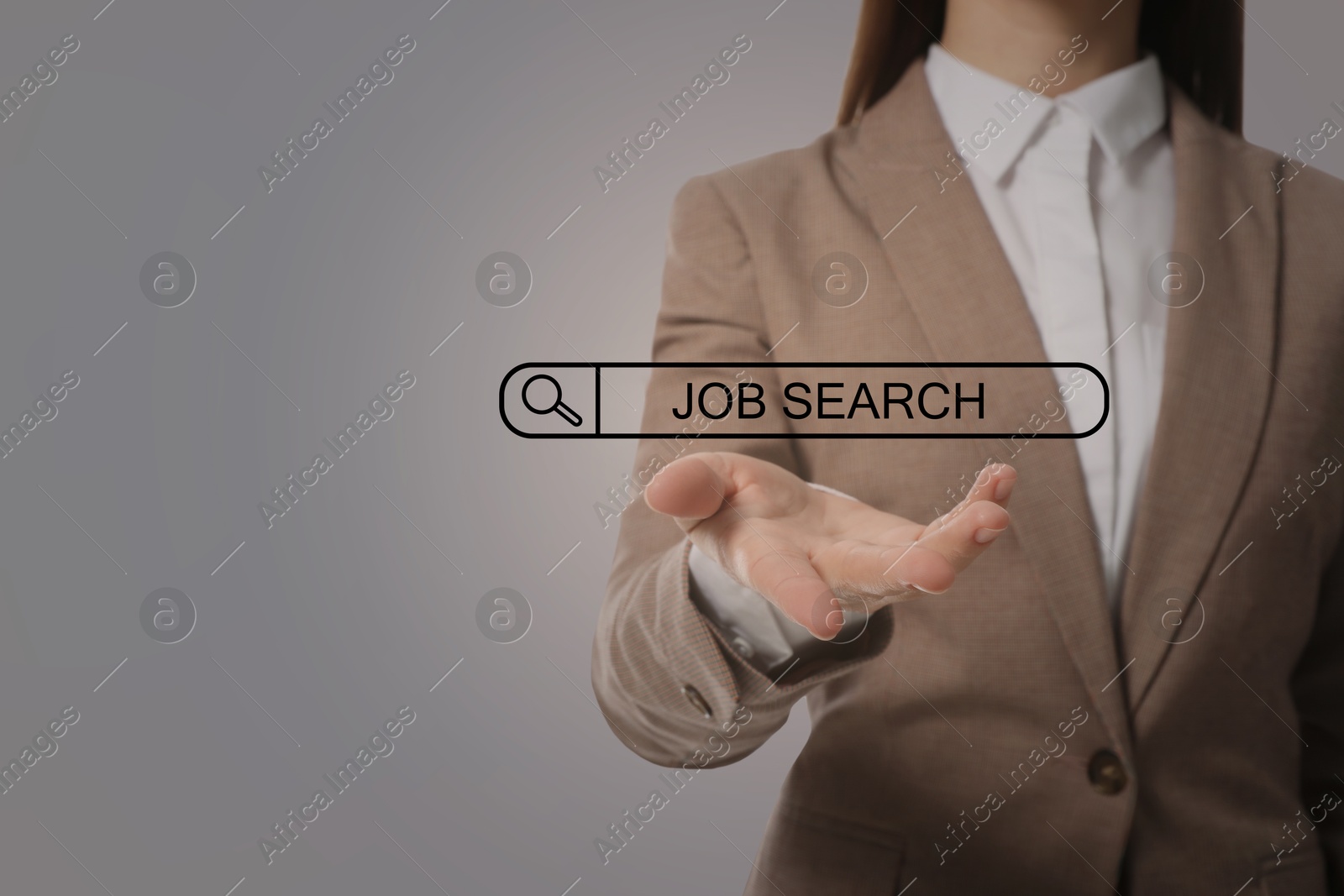 Image of Job search. Businesswoman holding virtual search bar on grey background, closeup