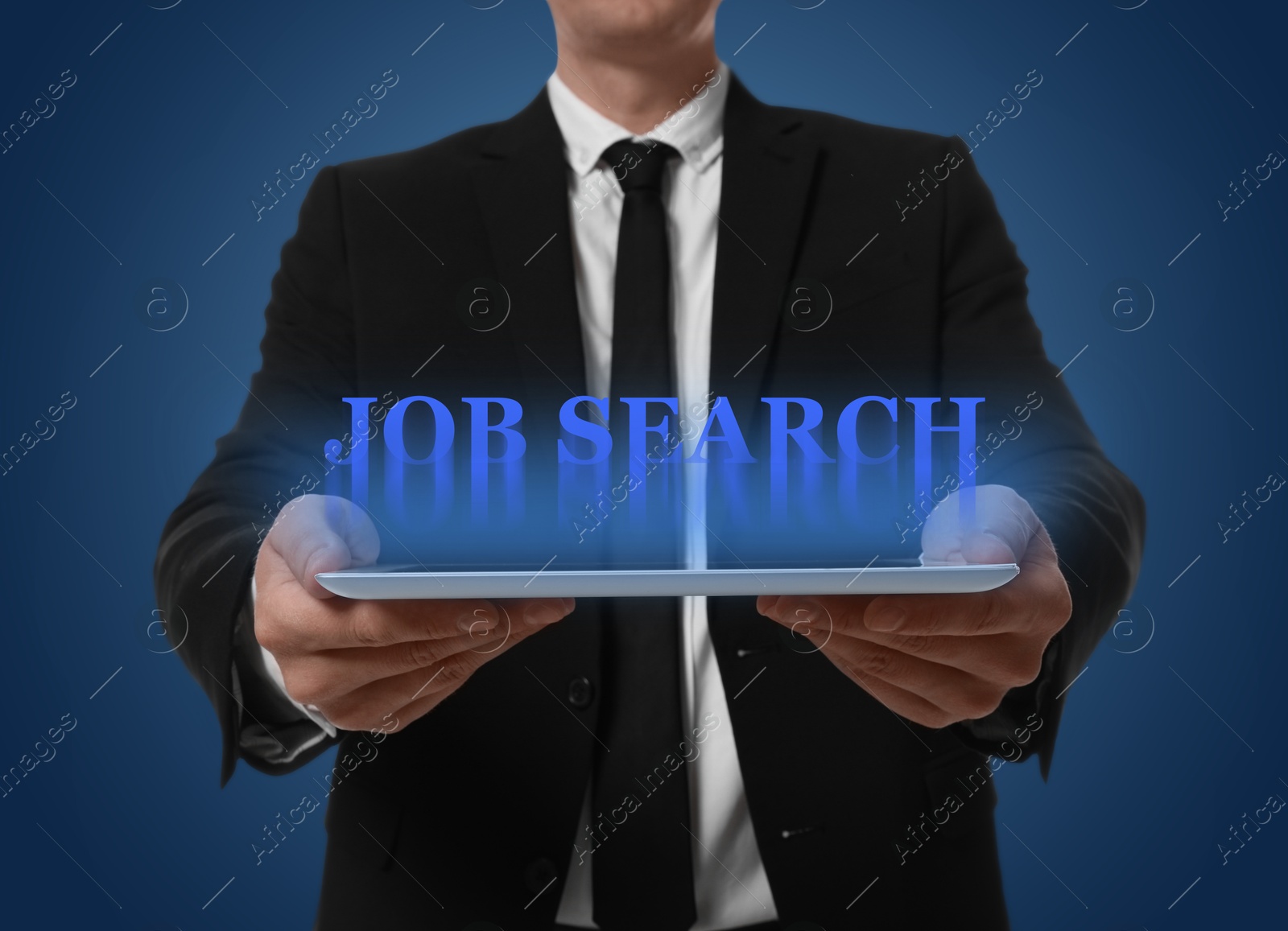 Image of Job search. Businessman holding tablet computer on blue background, closeup. Words over device