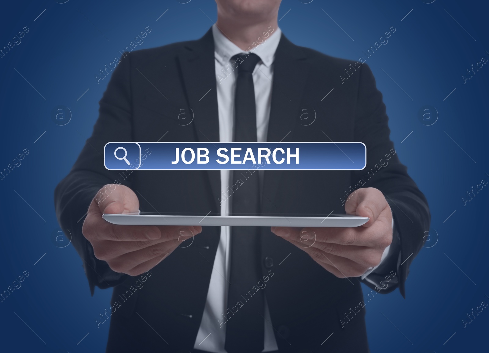 Image of Job search. Businessman holding tablet computer on blue background, closeup. Search bar with words above device