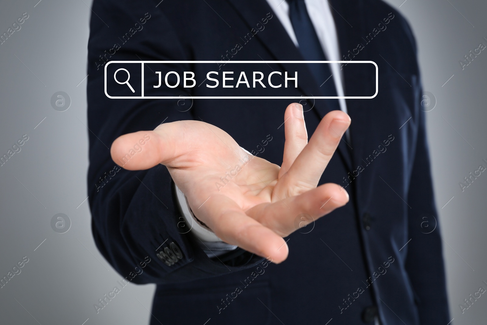 Image of Job search. Businessman holding virtual search bar on grey background, closeup