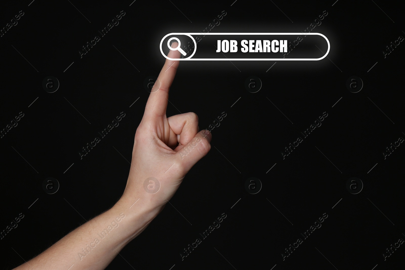 Image of Job search. Woman touching virtual search bar on black background, closeup