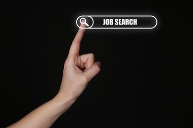 Image of Job search. Woman touching virtual search bar on black background, closeup