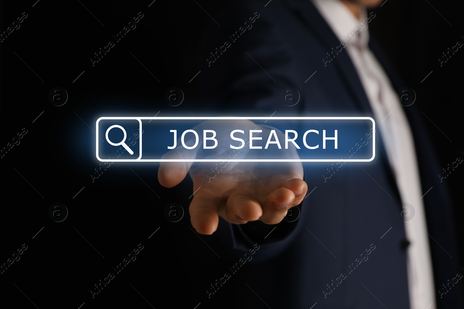 Image of Job search. Businessman holding virtual search bar on black background, closeup