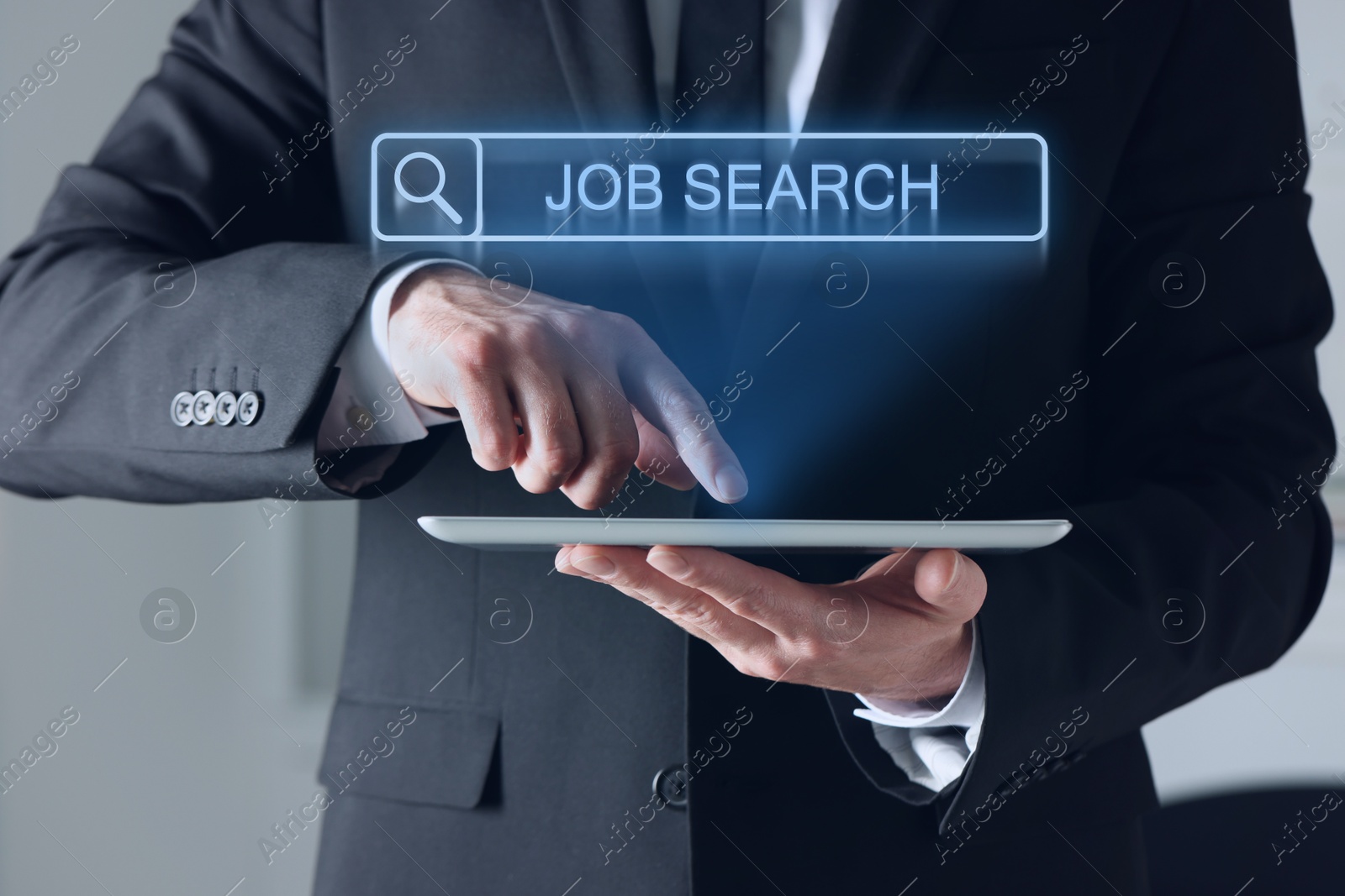 Image of Job search. Businessman holding tablet computer, closeup. Search bar with words above device