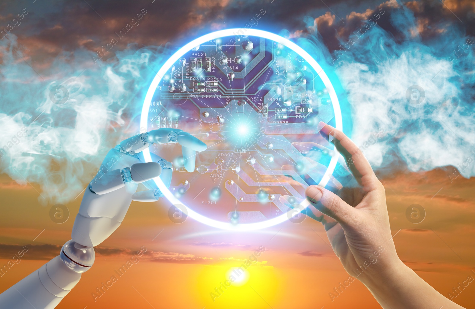 Image of Woman and robot touching data network against sunset sky, closeup of hands. Concept of collaboration between AI and human. Modern technology