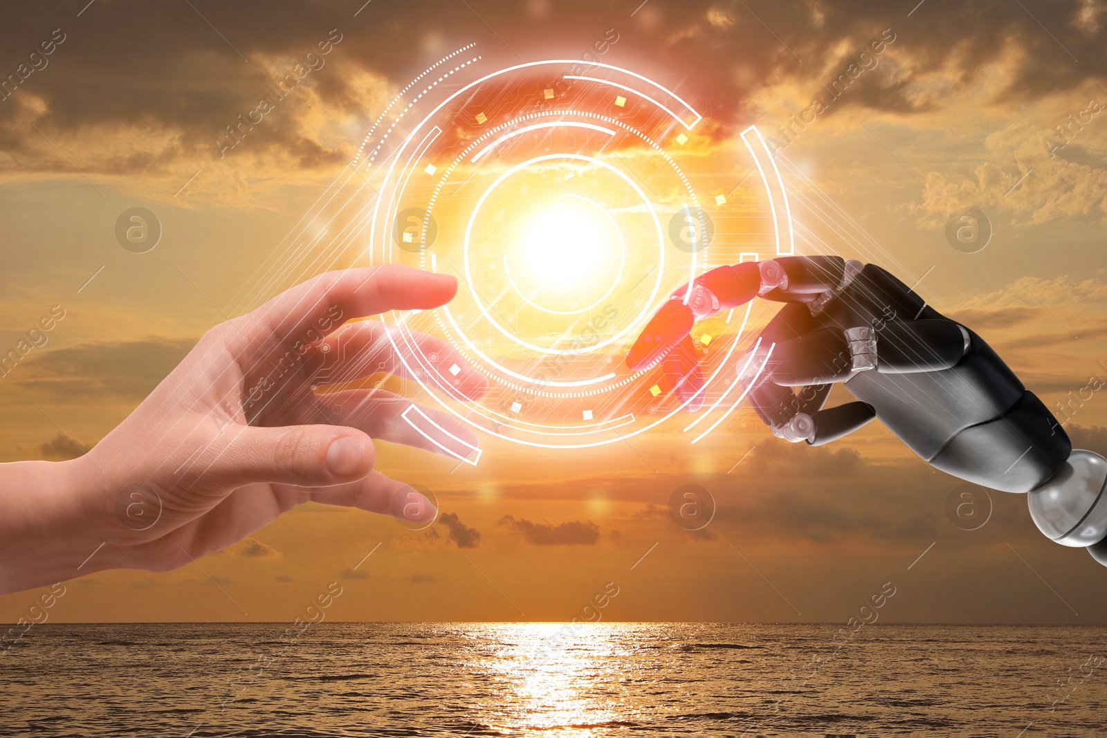 Image of Woman and robot touching data network against sunset sky, closeup of hands. Concept of collaboration between AI and human. Modern technology